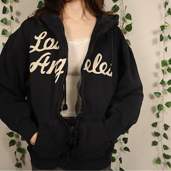 Y2k Oversized Zip Up | Black with Cream Writing | Los Angeles - Picture 1 of 6